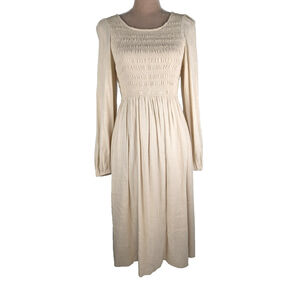 Bohme Smocked Midi Dress Linen Sz S Cottage Core Classic Quiet Luxury Modest